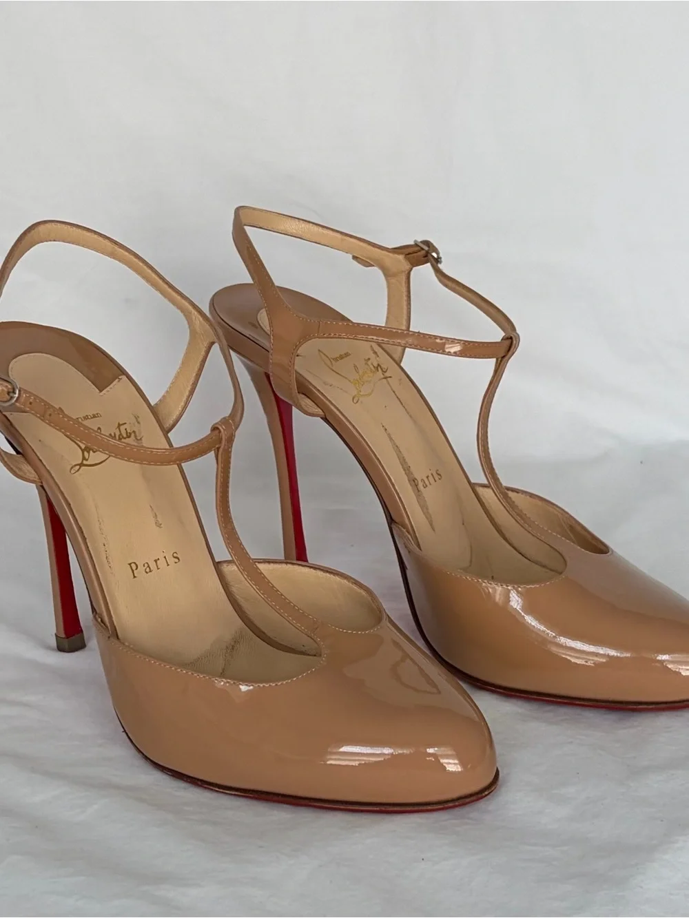 Christian Louboutin Nude Patent Leather T-Strap Slingback Pumps with Red Soles